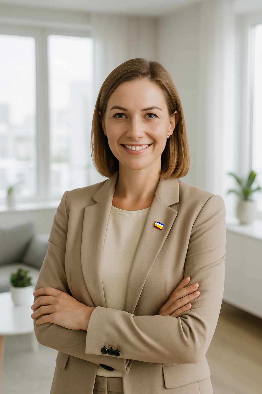 Professional portrait of Olha Melnyk, Kyiv apartment real estate specialist, smiling in a modern bright interior