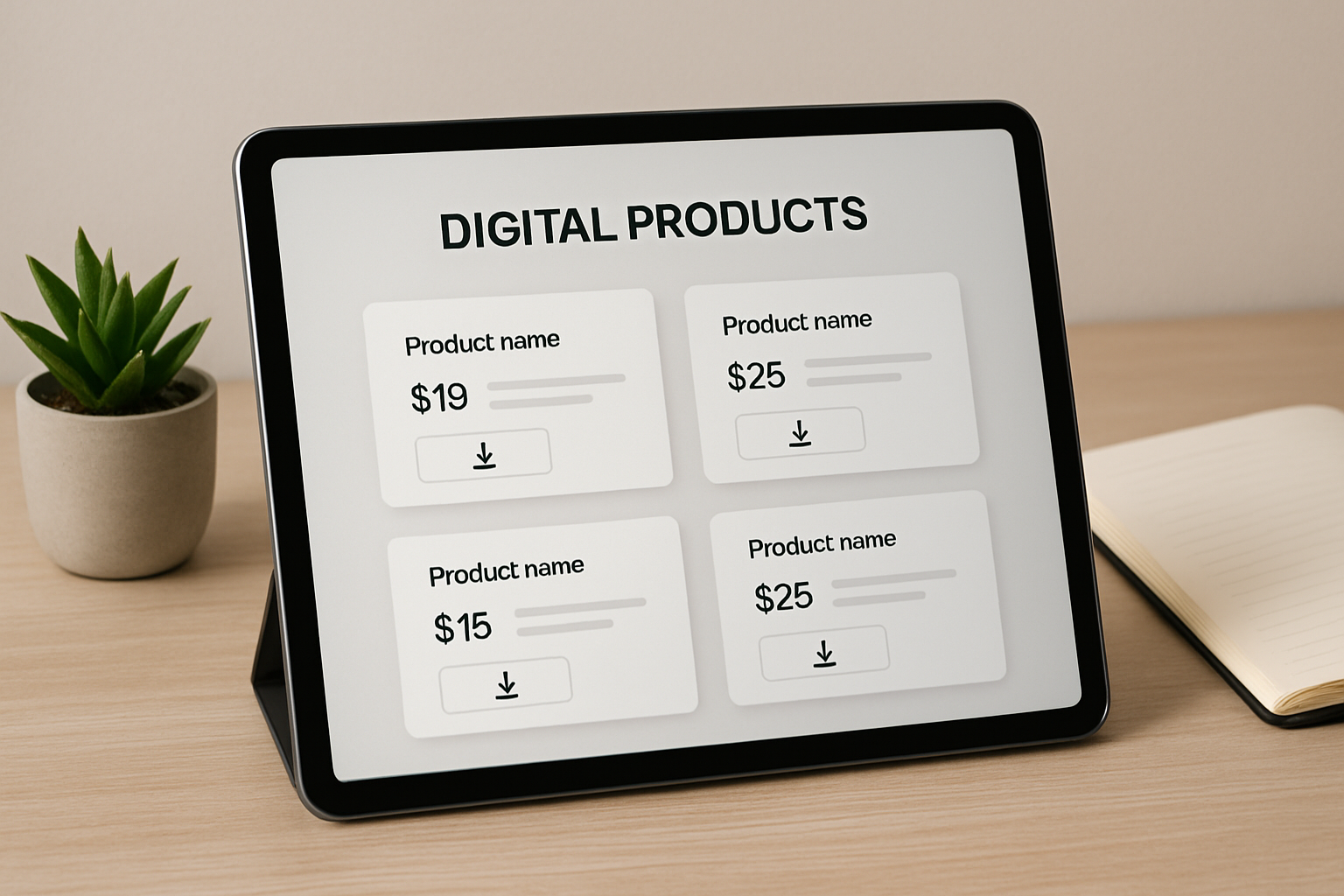 Tablet showing a digital product storefront with clean pricing cards and download icons