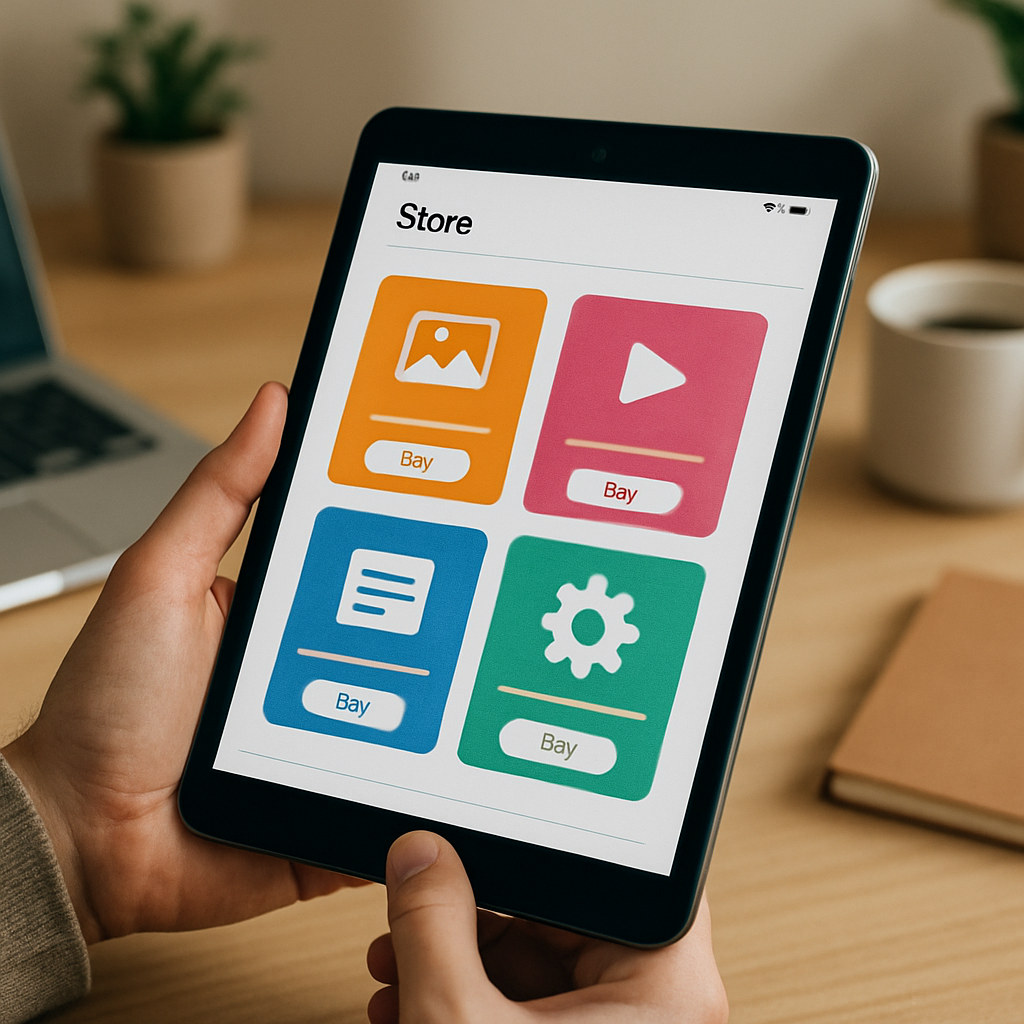 Hand holding a tablet with a digital storefront showcasing colorful product cards and purchase buttons