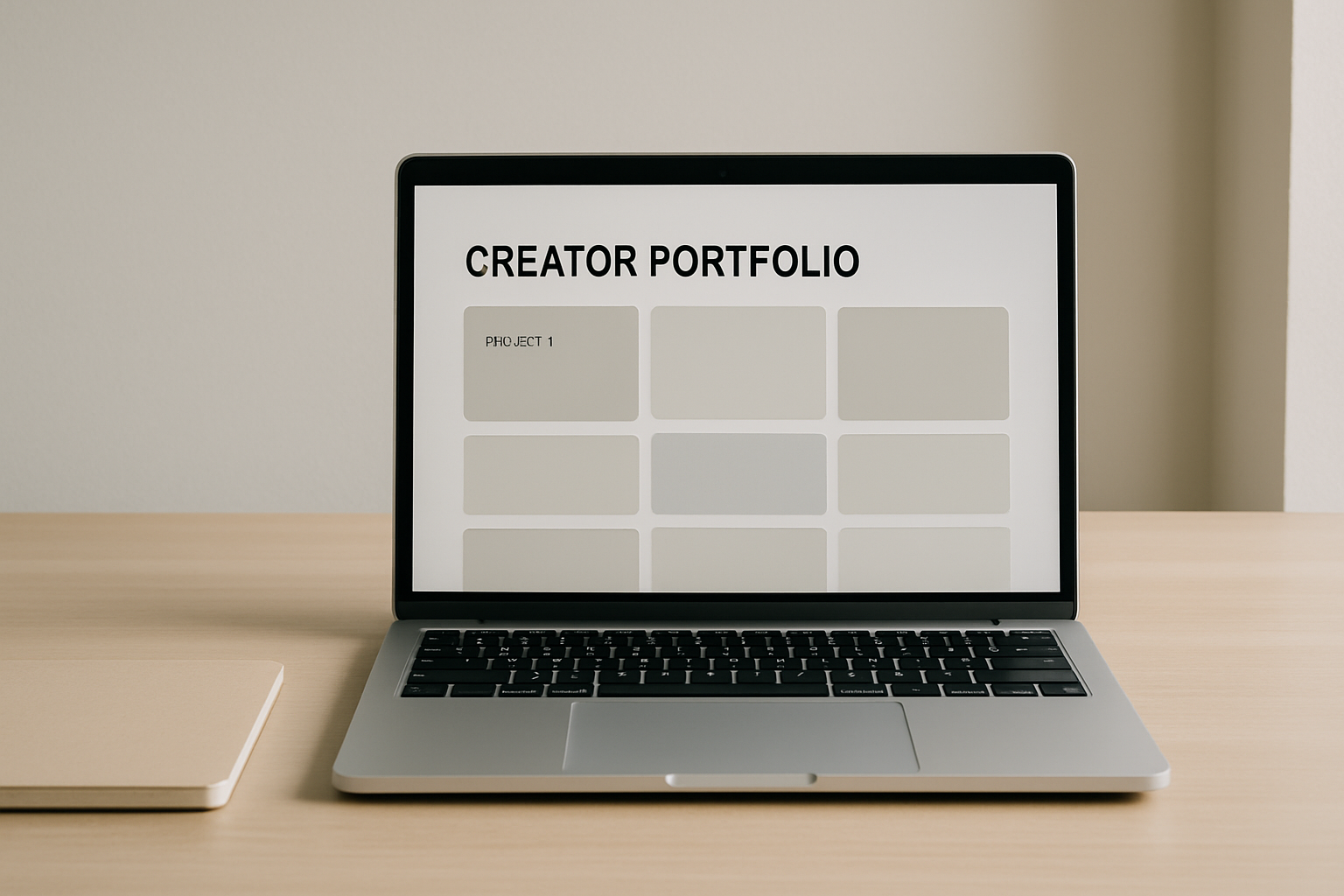 Laptop displaying a minimalist creator portfolio with modular project tiles and soft neutral tones