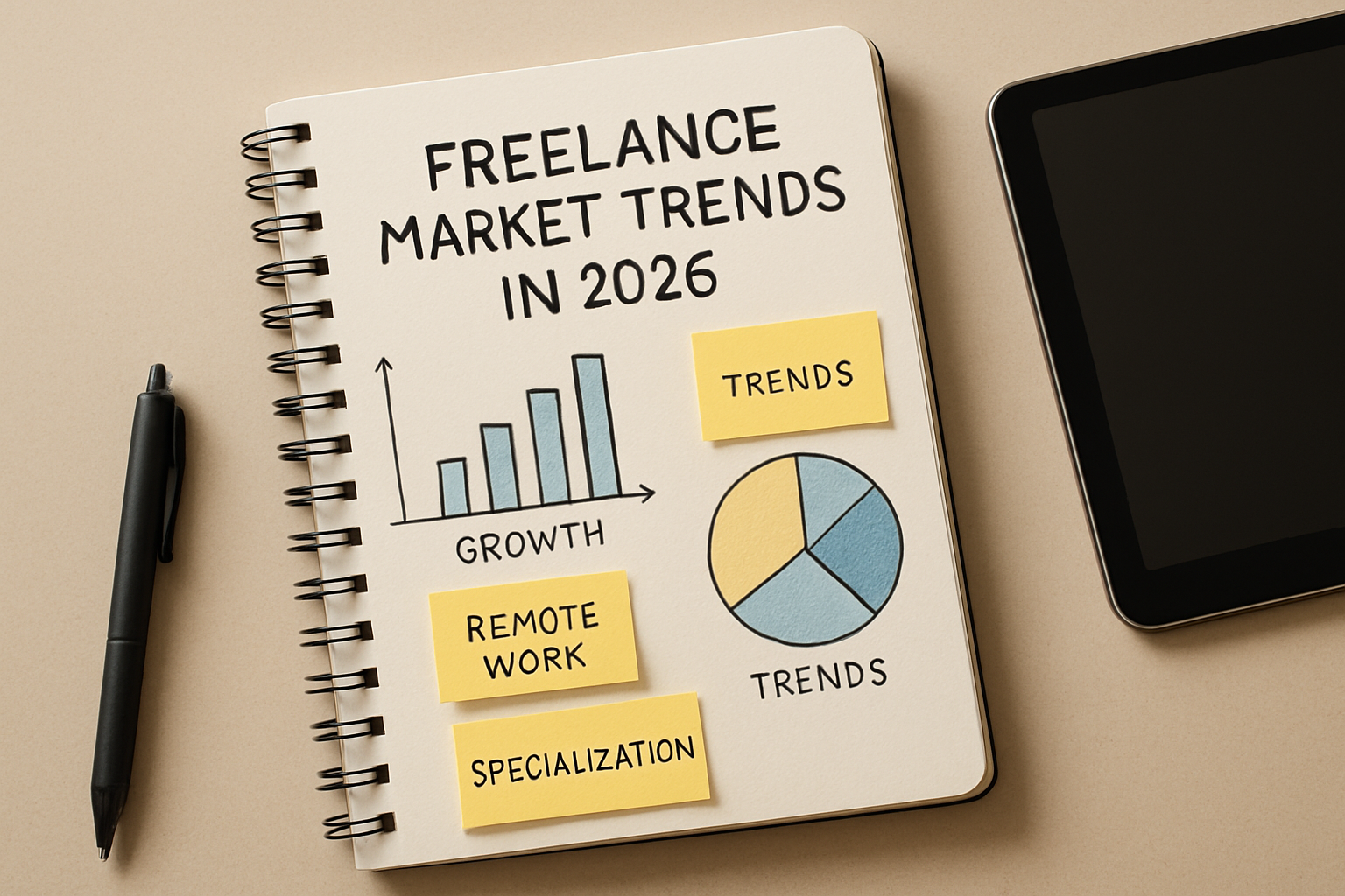 Notebook with charts and sticky notes summarizing freelance market trends in 2026