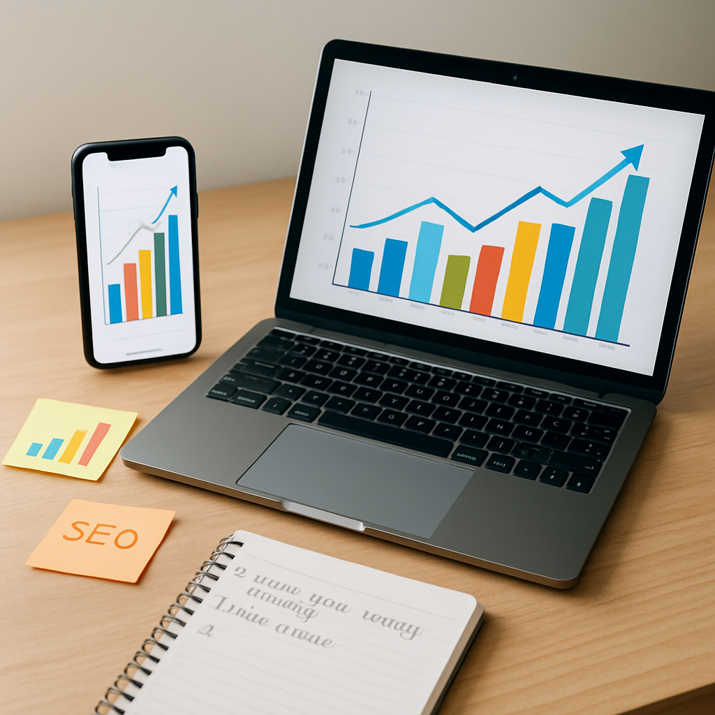 Smartphone and laptop displaying upward trending charts with colorful data blocks and planner notes