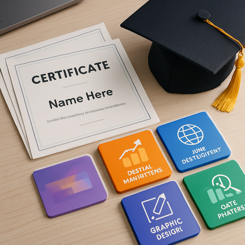 Stacked certificate cards beside a graduation cap and modular course tiles in a clean workspace
