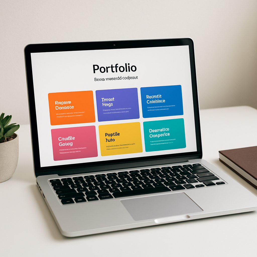 Laptop open to a sleek digital creator portfolio with vibrant project tiles and minimalist workspace accessories