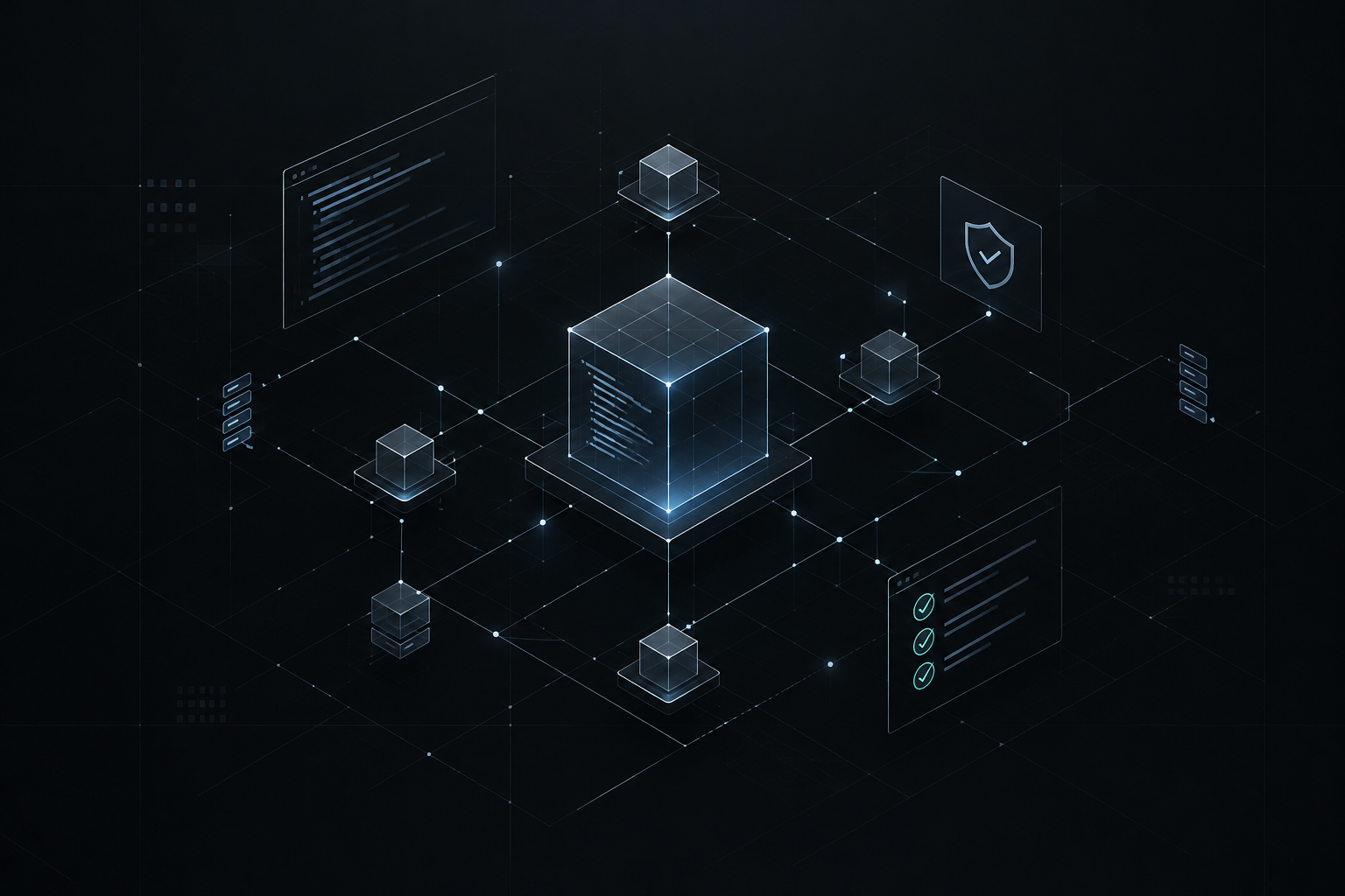 Abstract dark security diagram with network nodes, smart contract flow lines, and code verification grid
