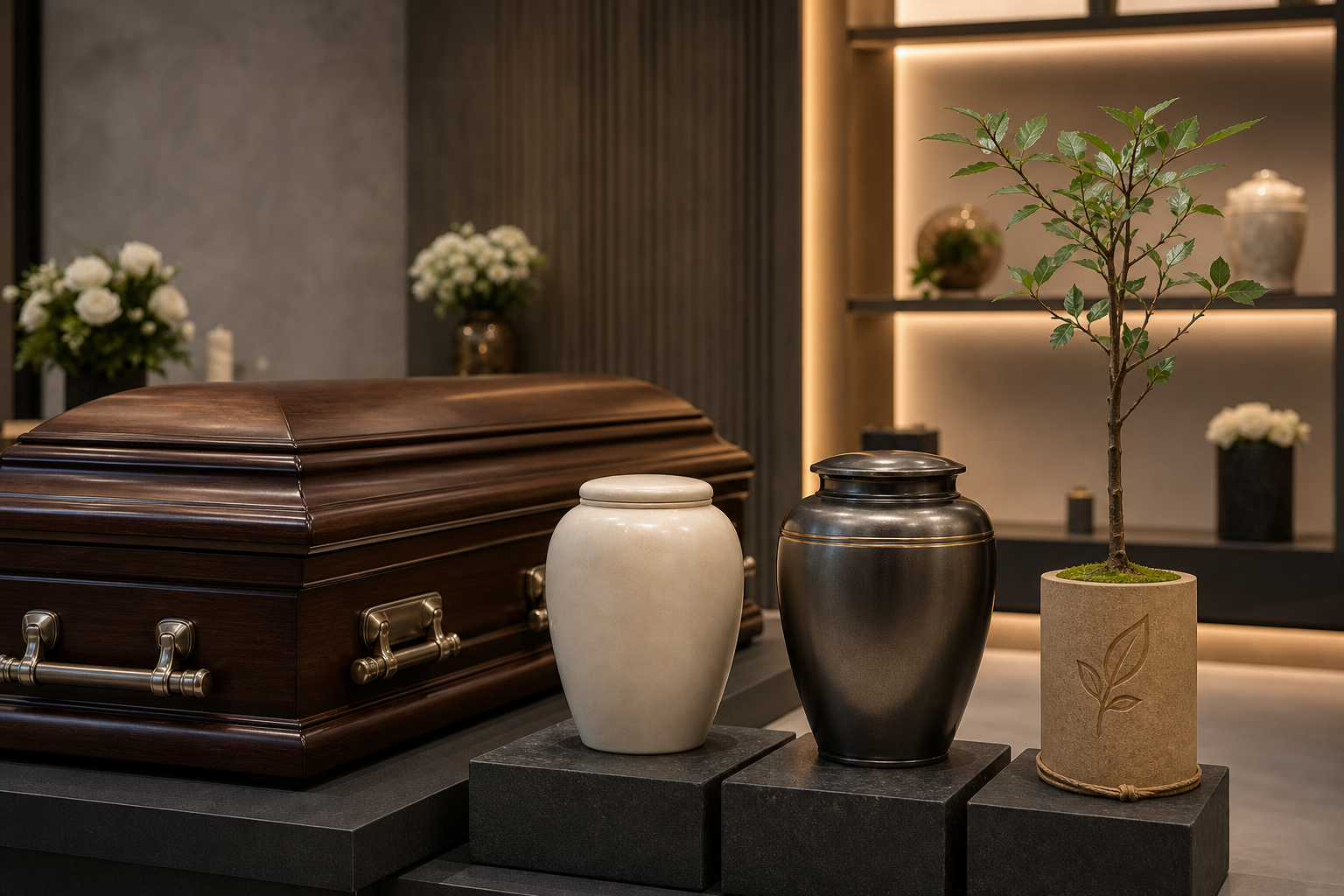 Exhibición elegante de cofres, urnas cinerarias y memoriales tipo arbolito en sala sobria
