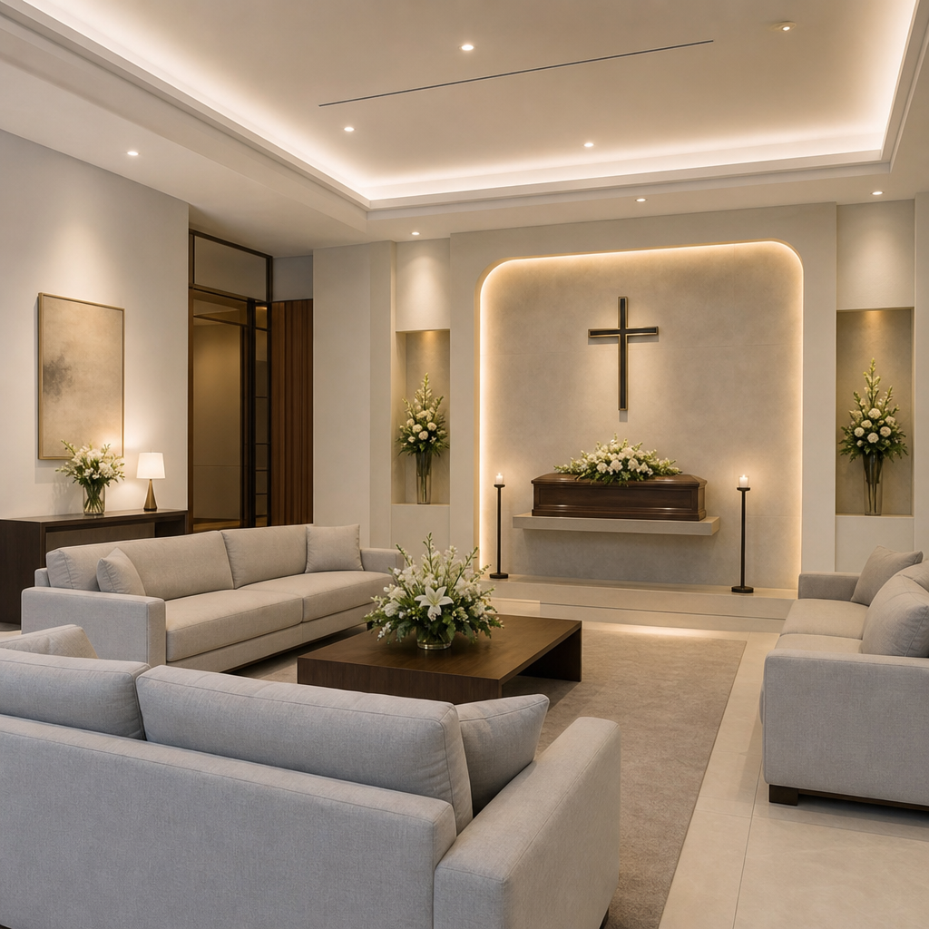 Espacio ceremonial elegante con iluminación cálida tenue, flores discretas y detalles interiores refinados, sin personas