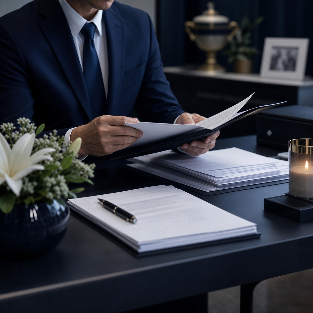 Documentación legal funeraria organizada sobre escritorio corporativo sobrio