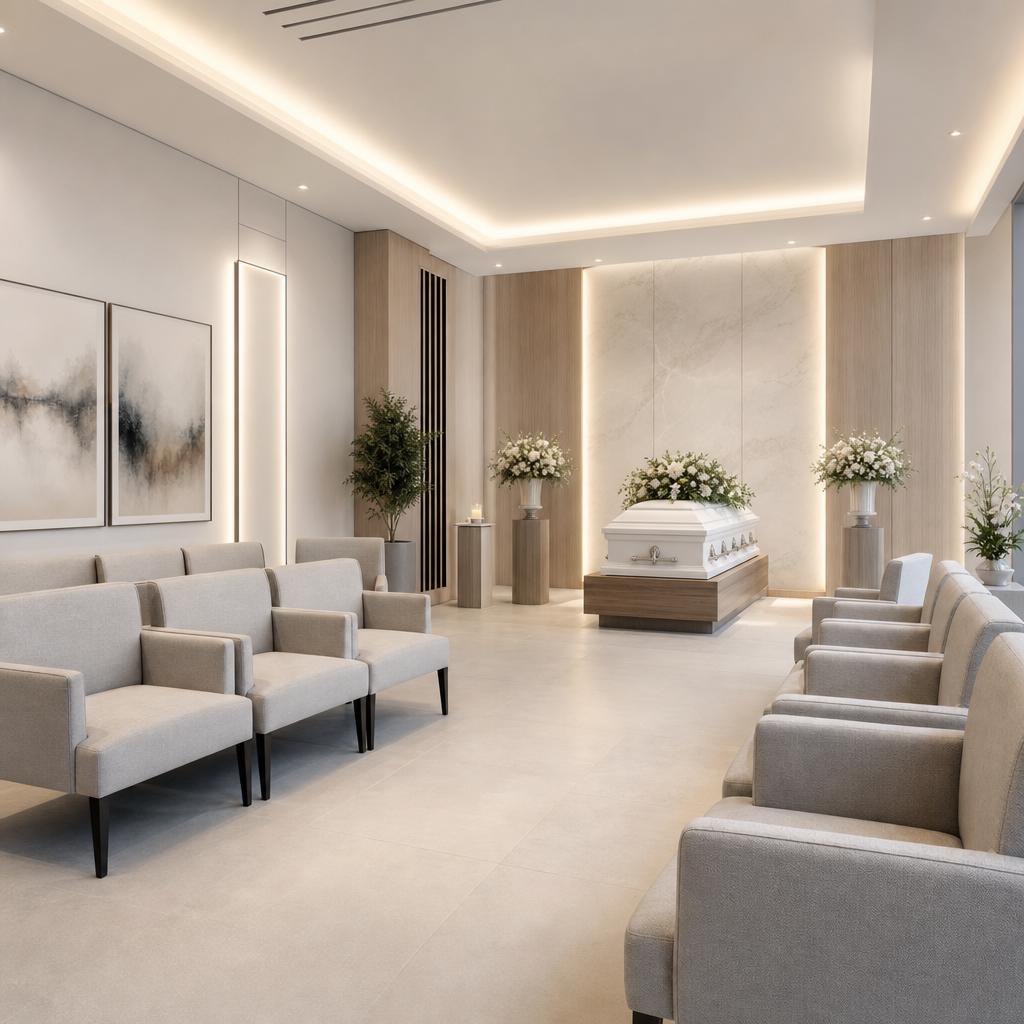 Contemporary funeral wake room with elegant seating, refined floral arrangements, warm indirect lighting, and calm neutral-blue tones