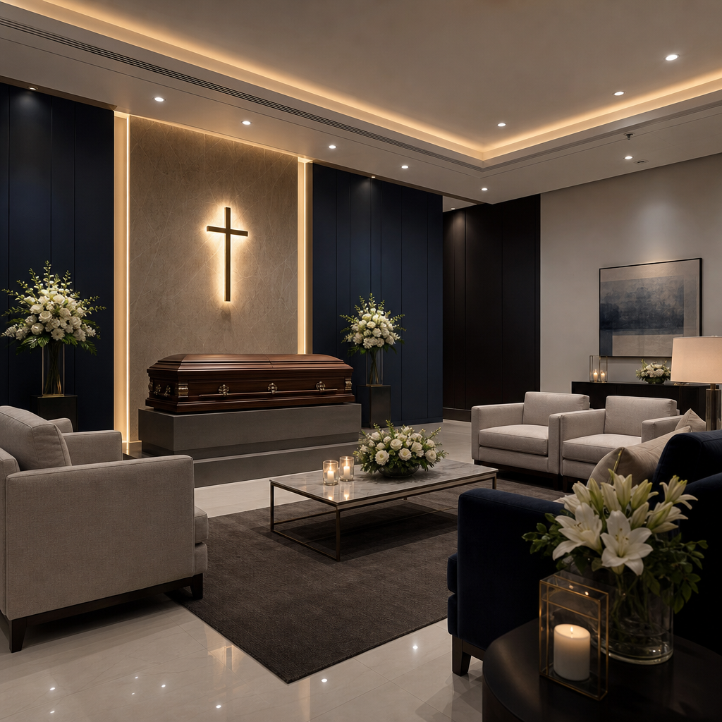 Sala de velación elegante con iluminación cálida y arreglo floral sobrio