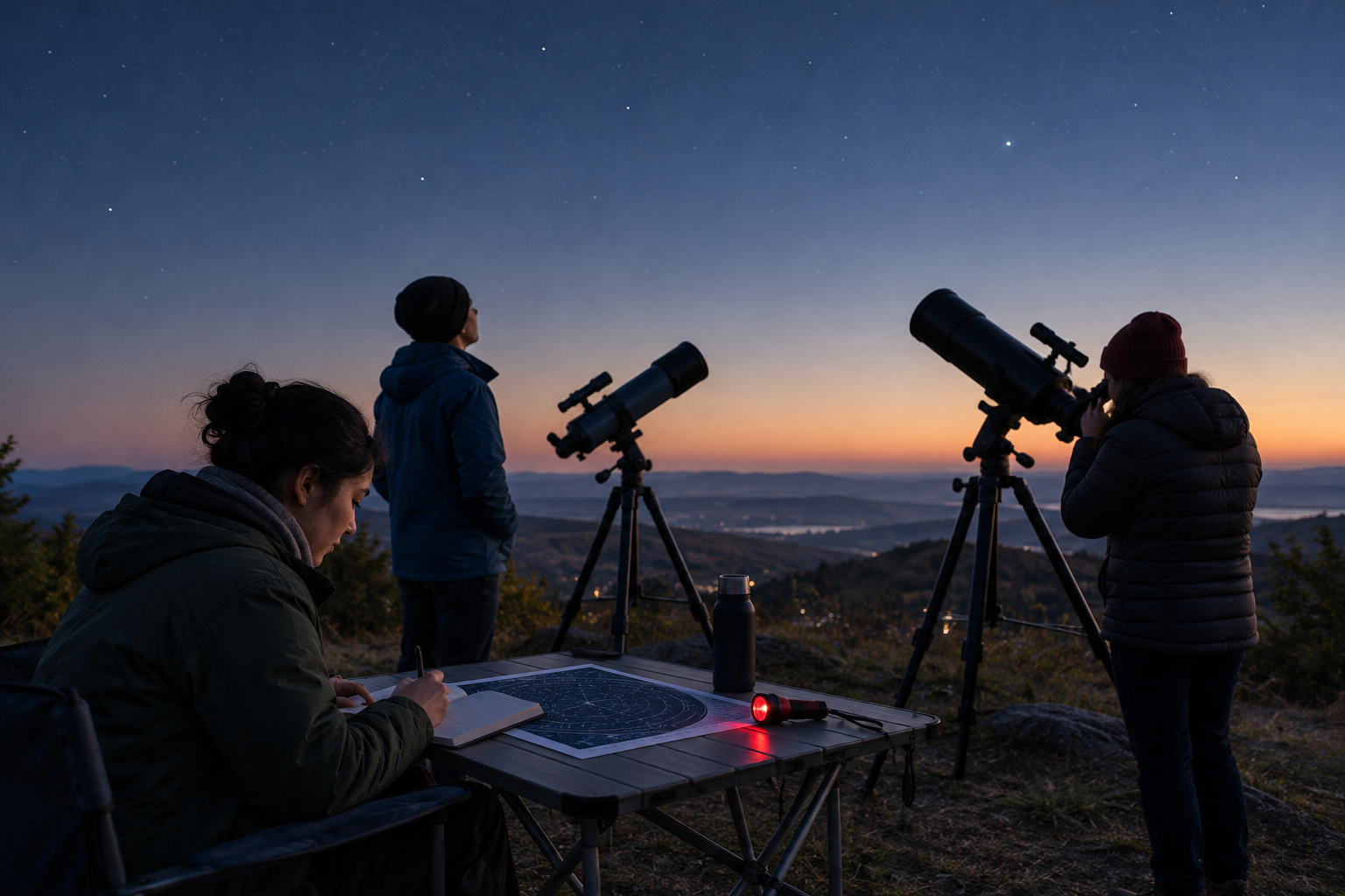 Calm amateur stargazing community scene with small groups near telescope silhouettes, notebooks open on a table, and a subtle sky-chart atmosphere