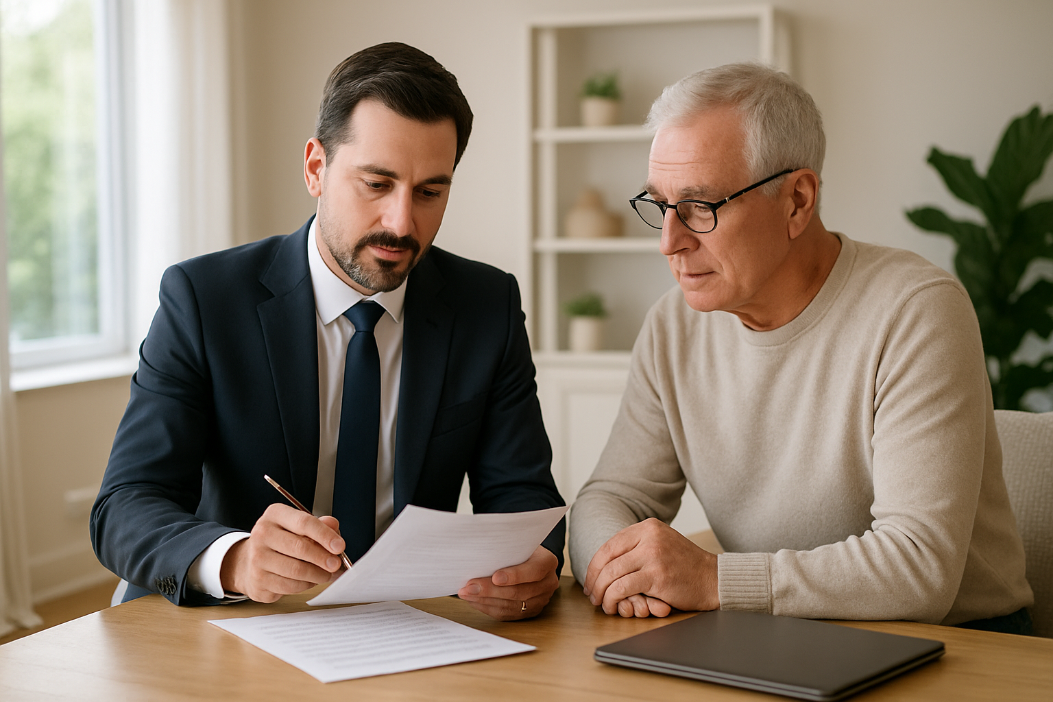 Professional mobile notary reviewing documents with a client at a clean, modern home office in Scottsdale