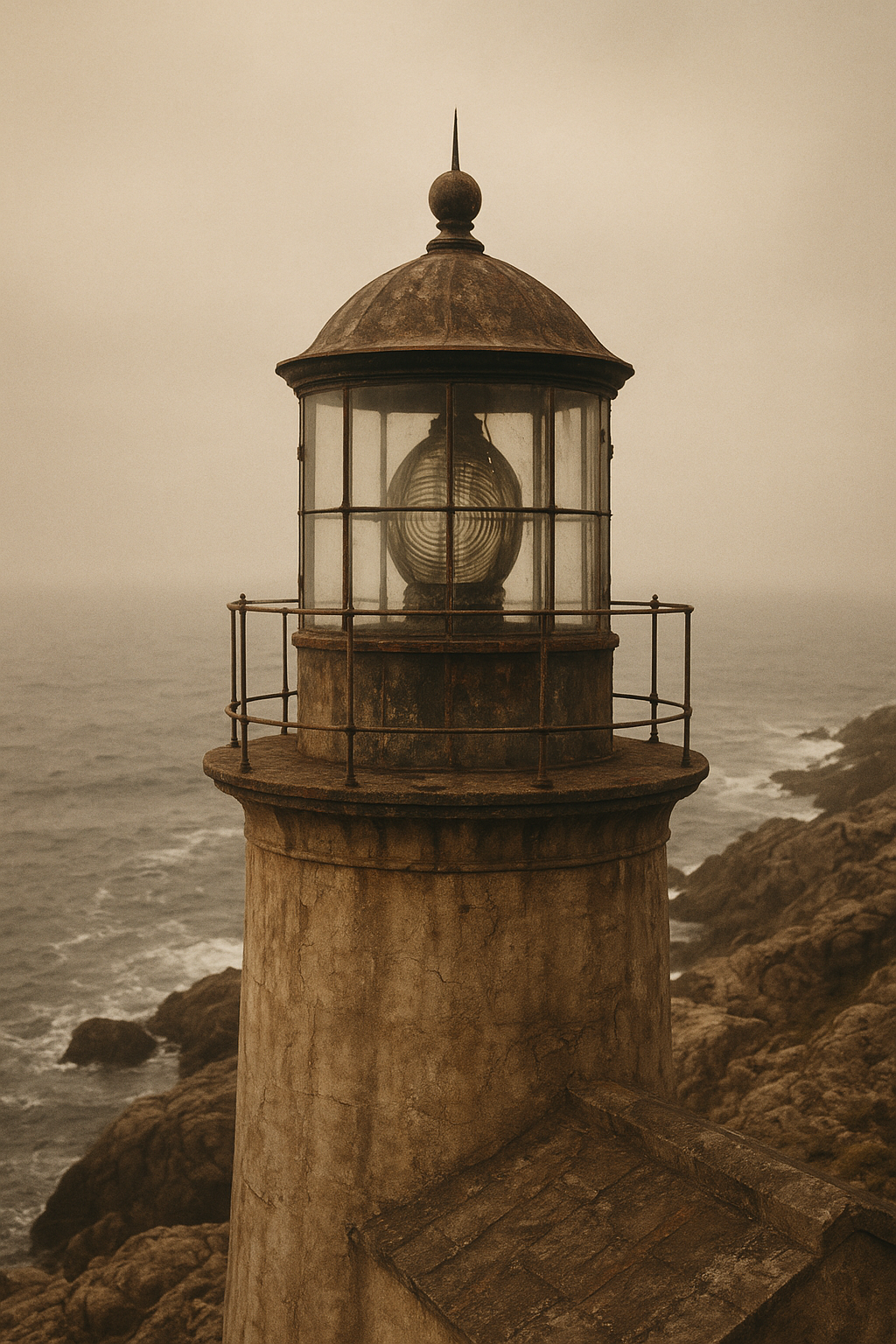 Archival-style close view of a weathered lighthouse lantern room above a rocky northern coast, with muted film tones and sea haze