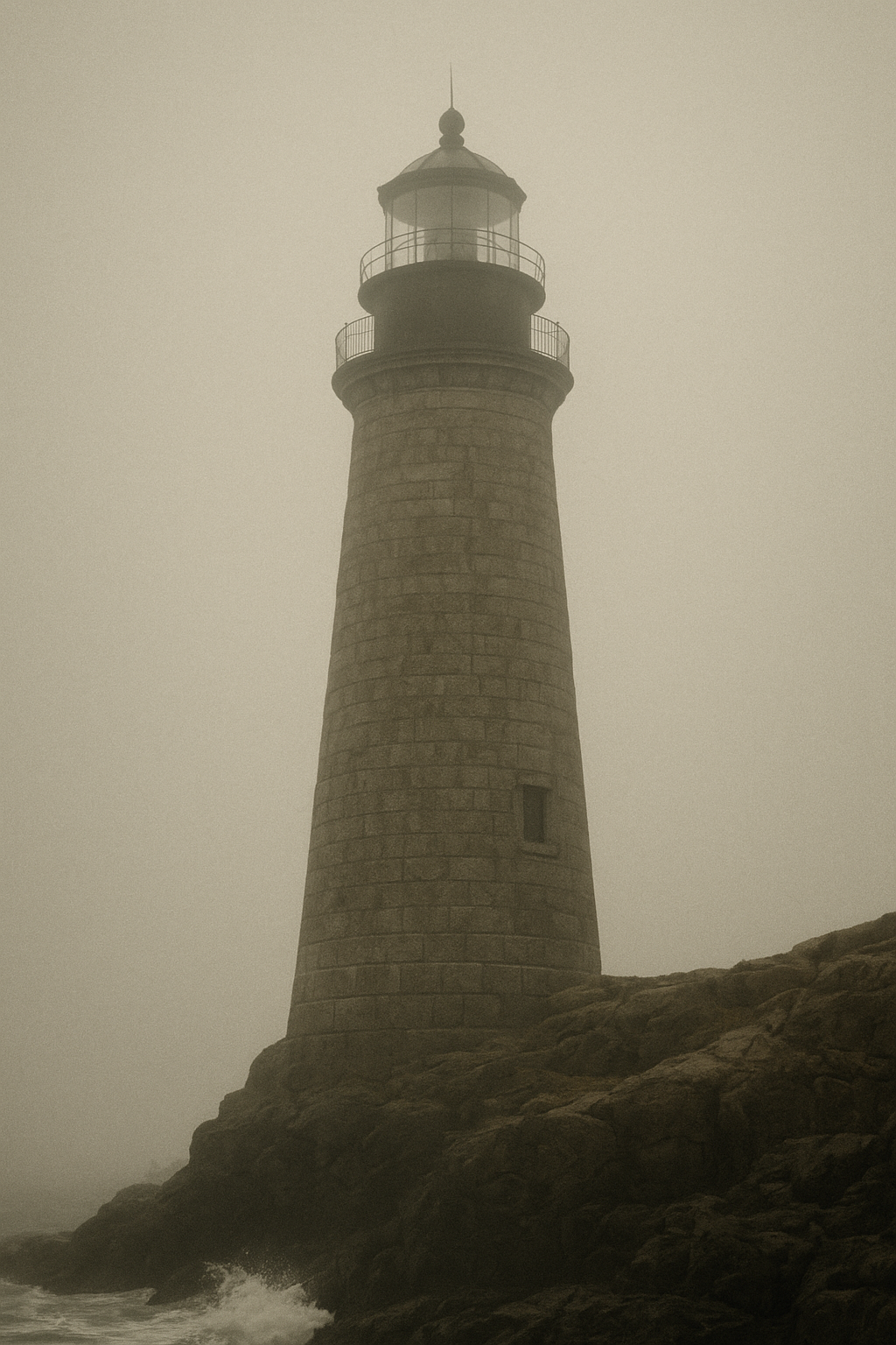 Large archival-style photograph of a granite lighthouse on a cliff under heavy sea mist