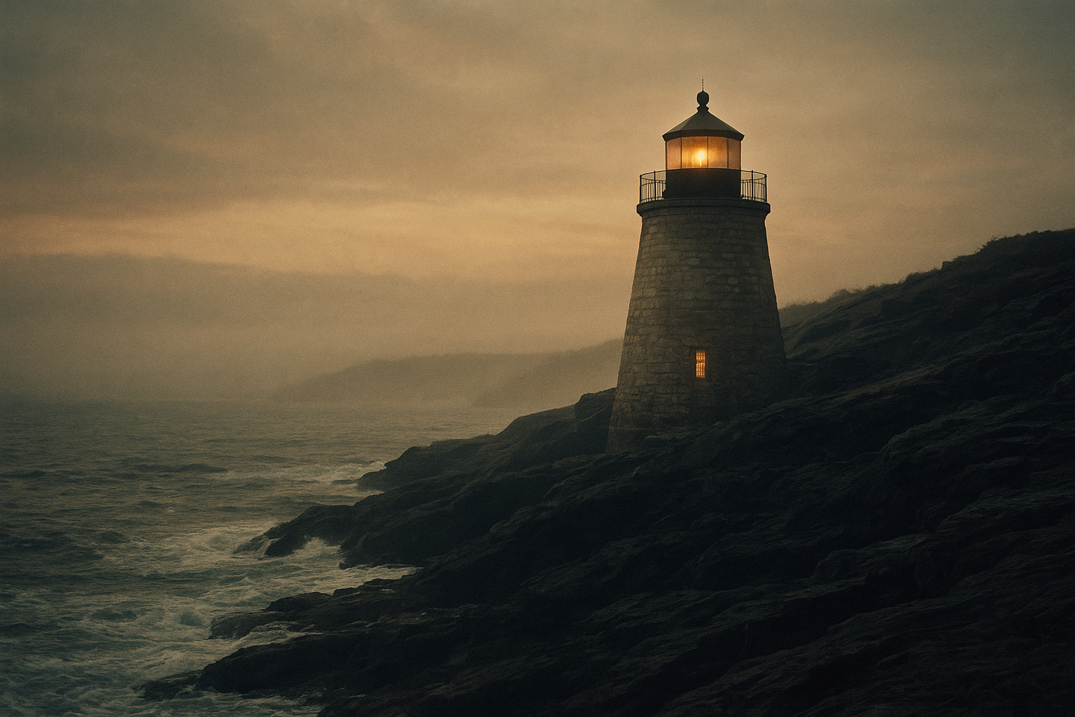 Warm film-photography style view of a solitary lighthouse on a rugged northern coast with dark sea cliffs, soft mist, and evening light