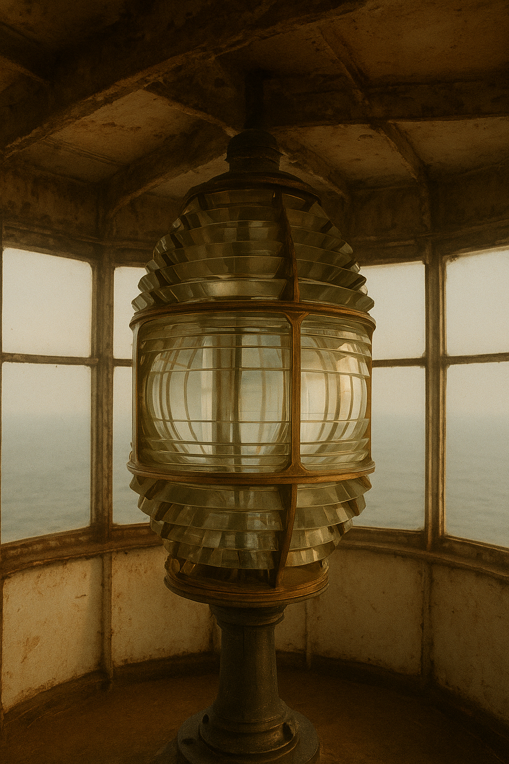 Archival-style photograph of a lighthouse lantern room with brass beacon lens and weathered iron supports