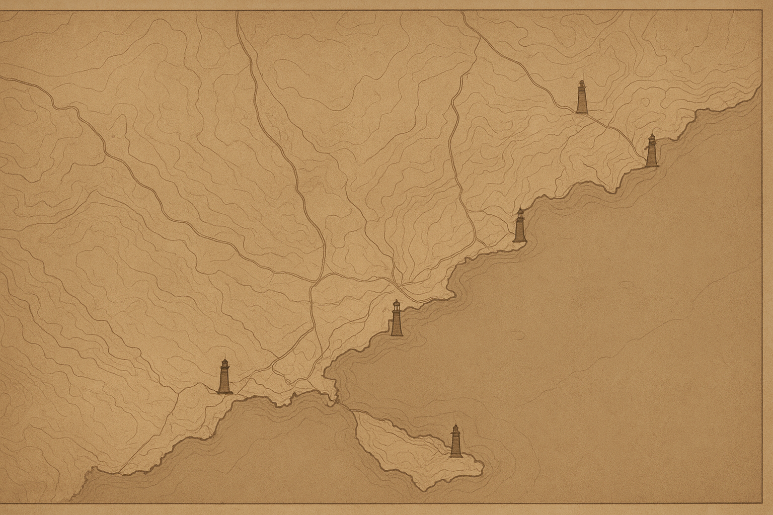 Historically toned coastal documentary map panel showing the northern shoreline with marked preserved lighthouse points, route traces, and harbor annotations