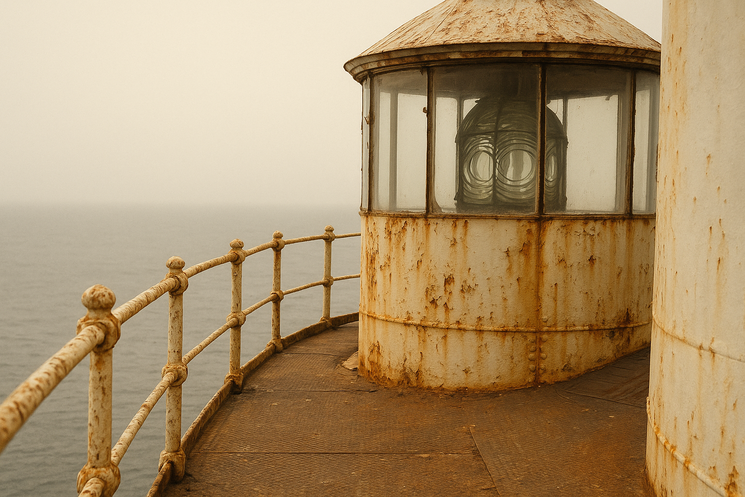 Supporting archival-style photograph of a lighthouse service gallery with riveted ironwork and worn paint