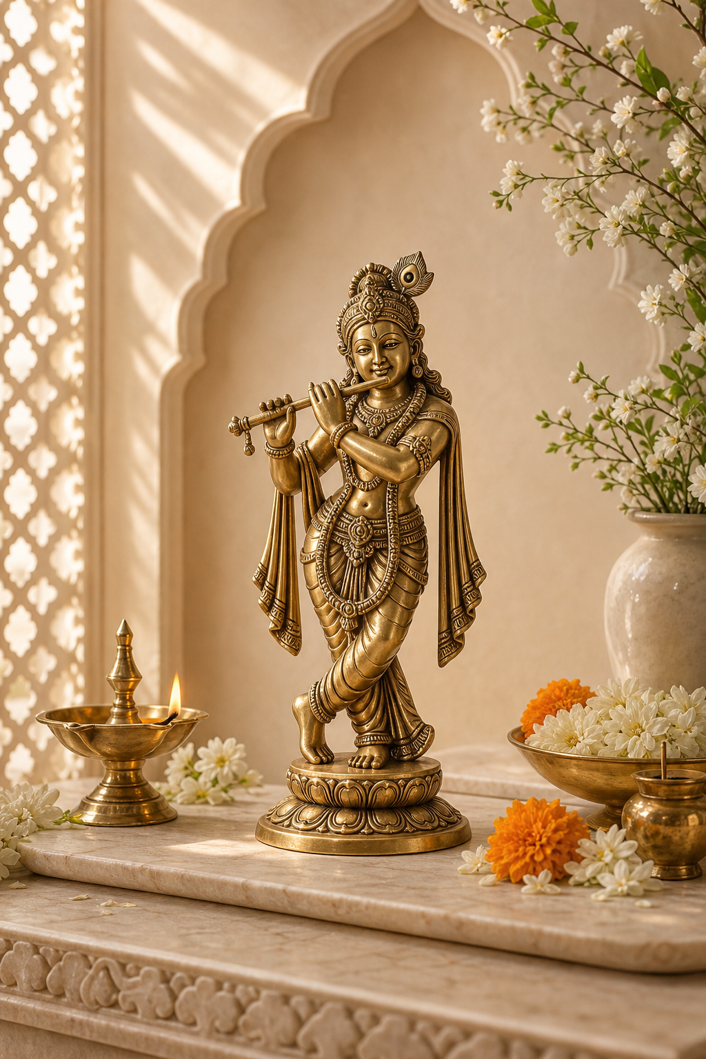 Serene home temple arrangement featuring an elegantly styled Hindu deity statue with warm brass and soft floral accents