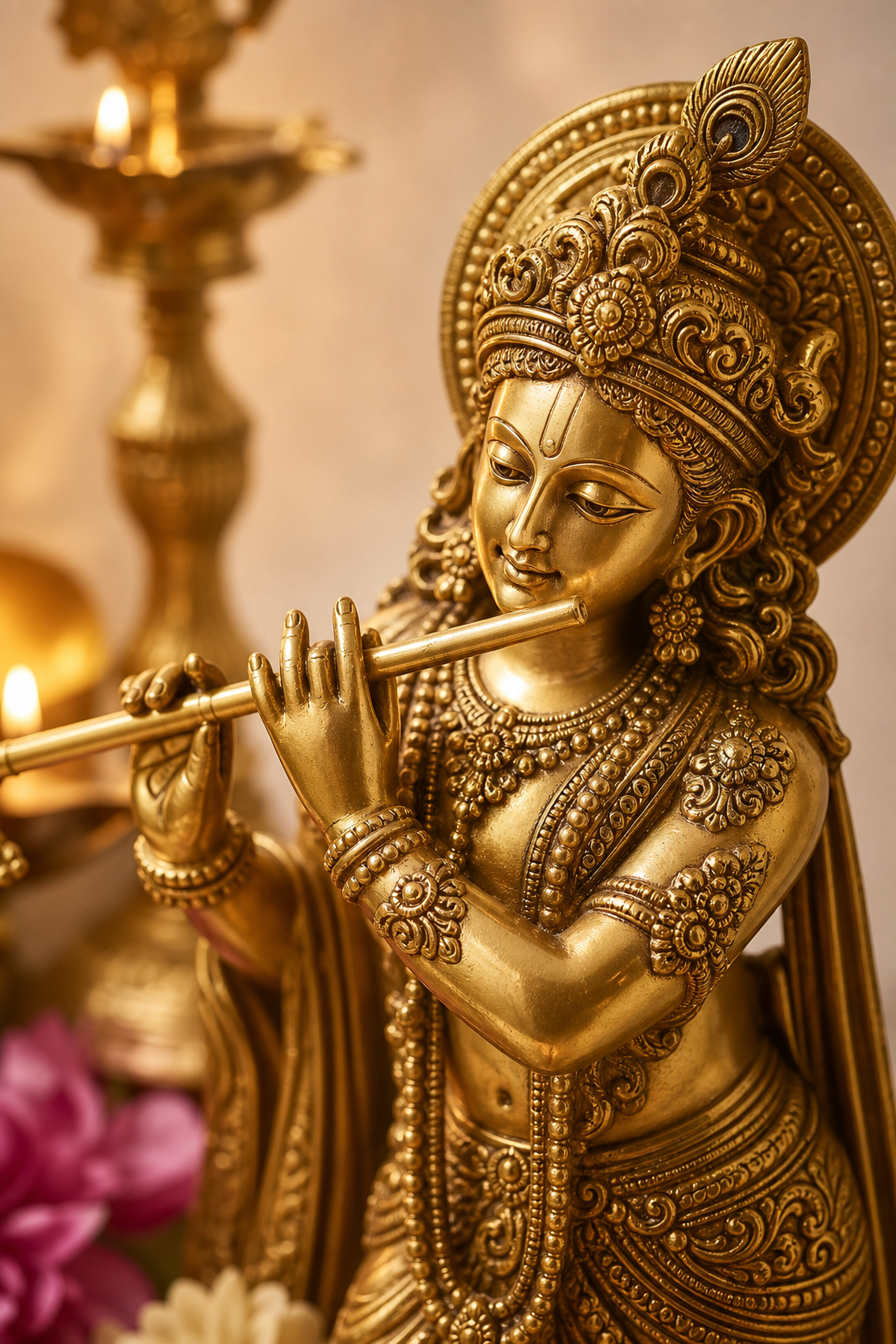 Close, elegant devotional statue vignette with polished metal detailing, soft warm light, and artisanal sacred ornament focus