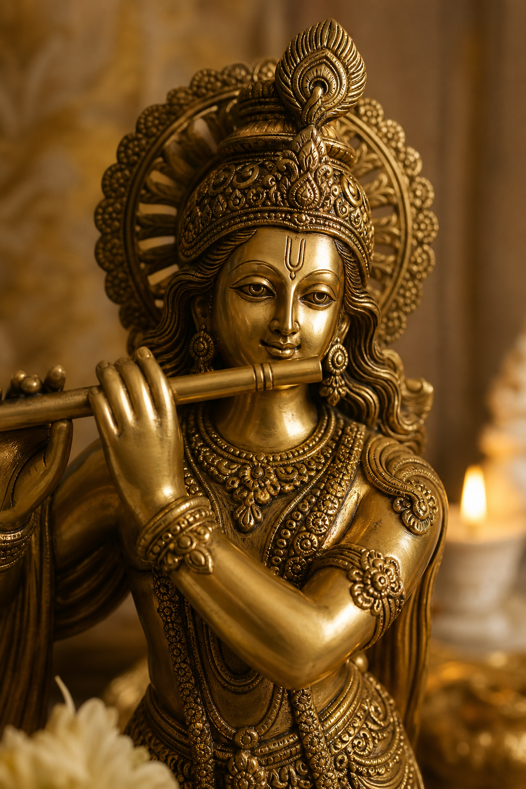 Close-up of an intricately carved brass Hindu deity statue showing polished metal texture, hand-finished contours, and sacred detailing