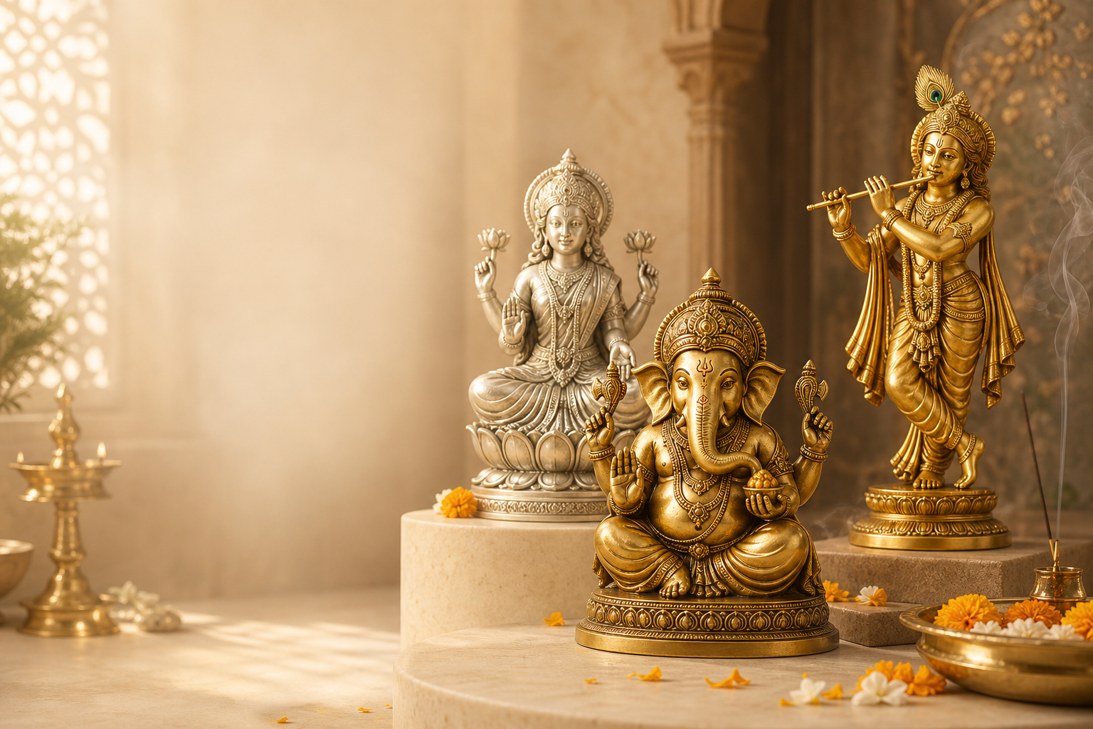 Elegant arrangement of brass, silver, and gold Hindu god statues in a serene premium interior setting