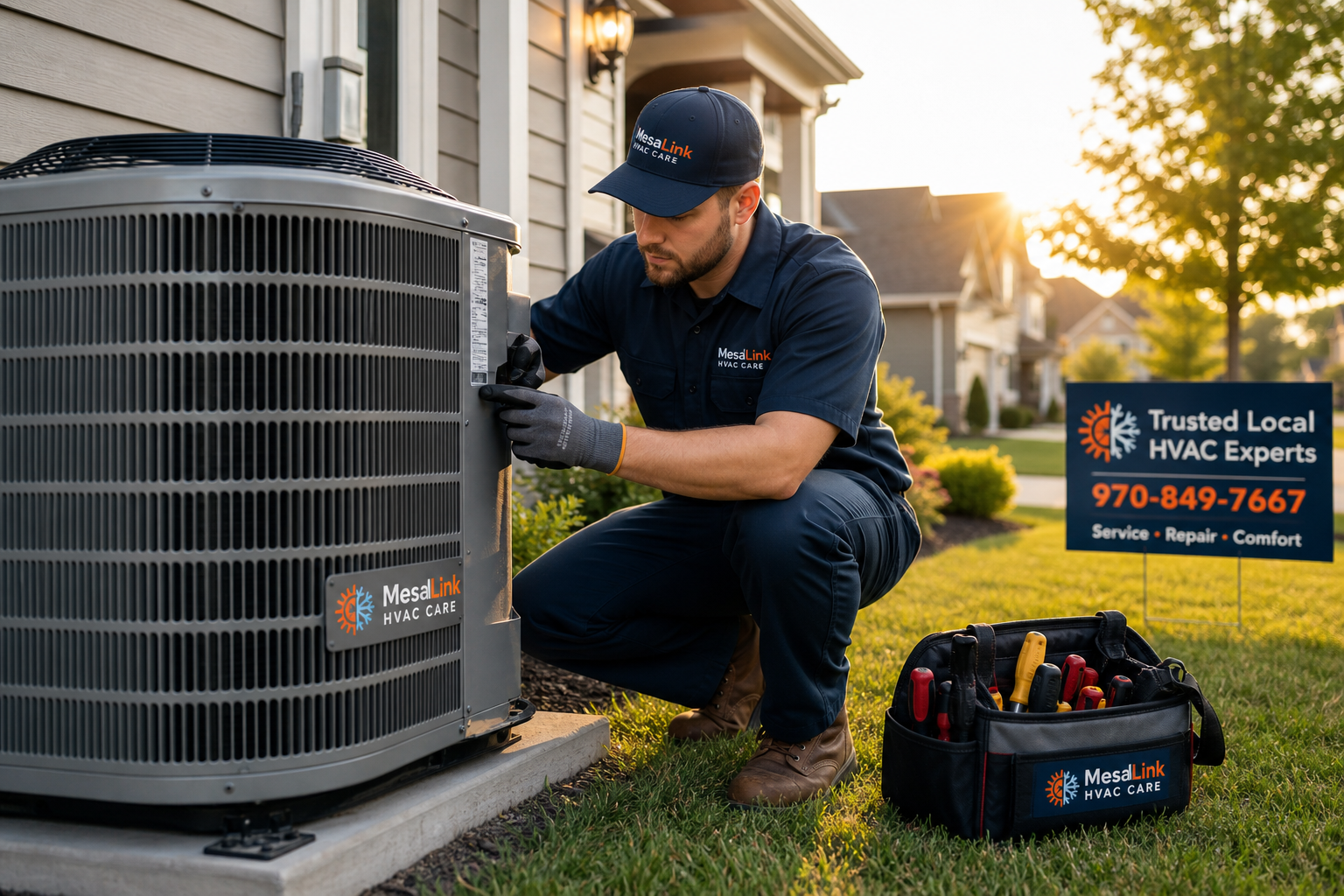 MesaLink technician in a neat dark-blue uniform inspecting a modern outdoor air conditioning unit beside a tidy suburban home at golden hour