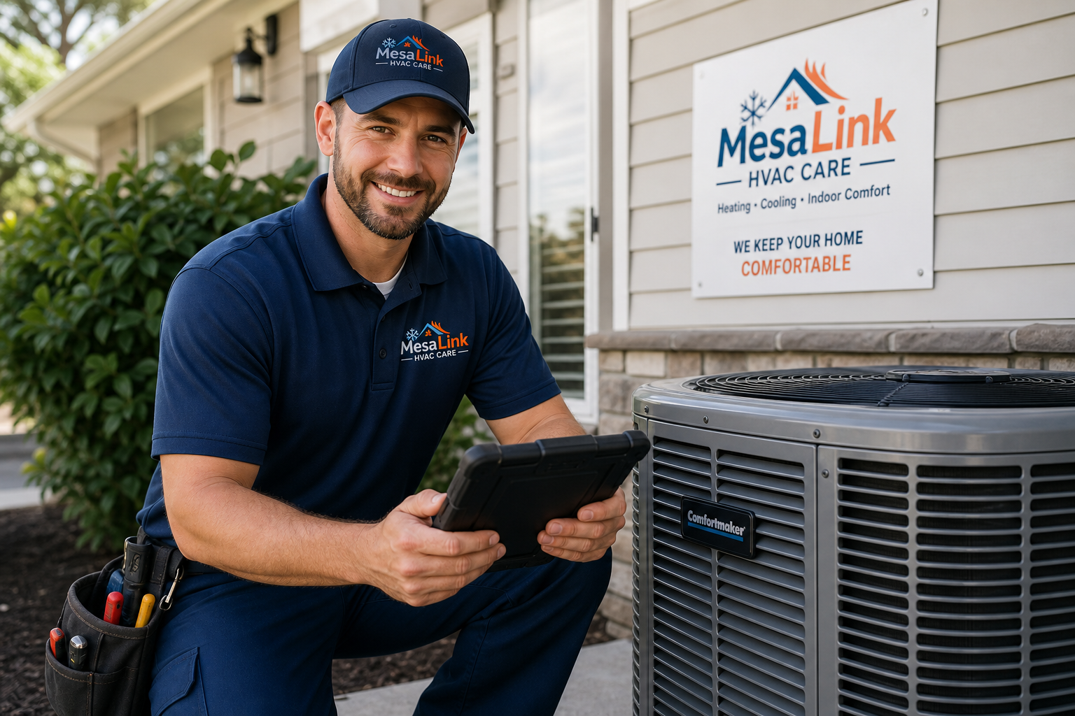 Friendly HVAC technician in a clean navy uniform holding a diagnostic tablet beside a residential outdoor air conditioning unit