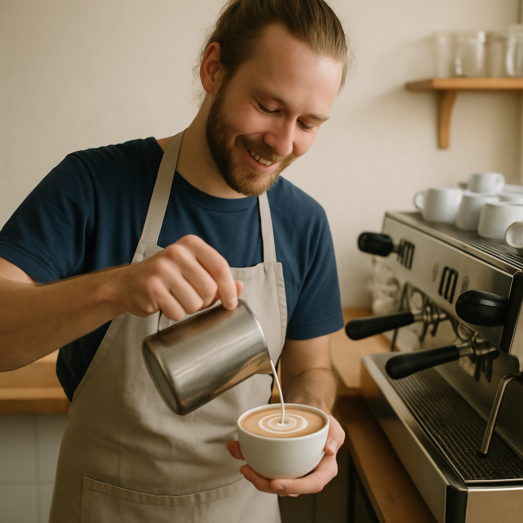 Barista pouring latte art at the espresso machine
