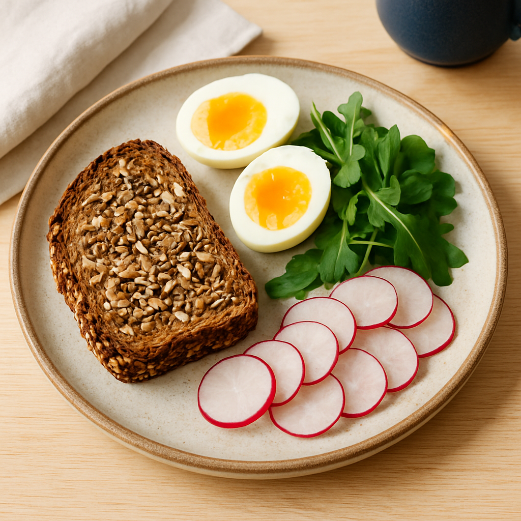 Nordic-style breakfast plate with toast, eggs, and greens
