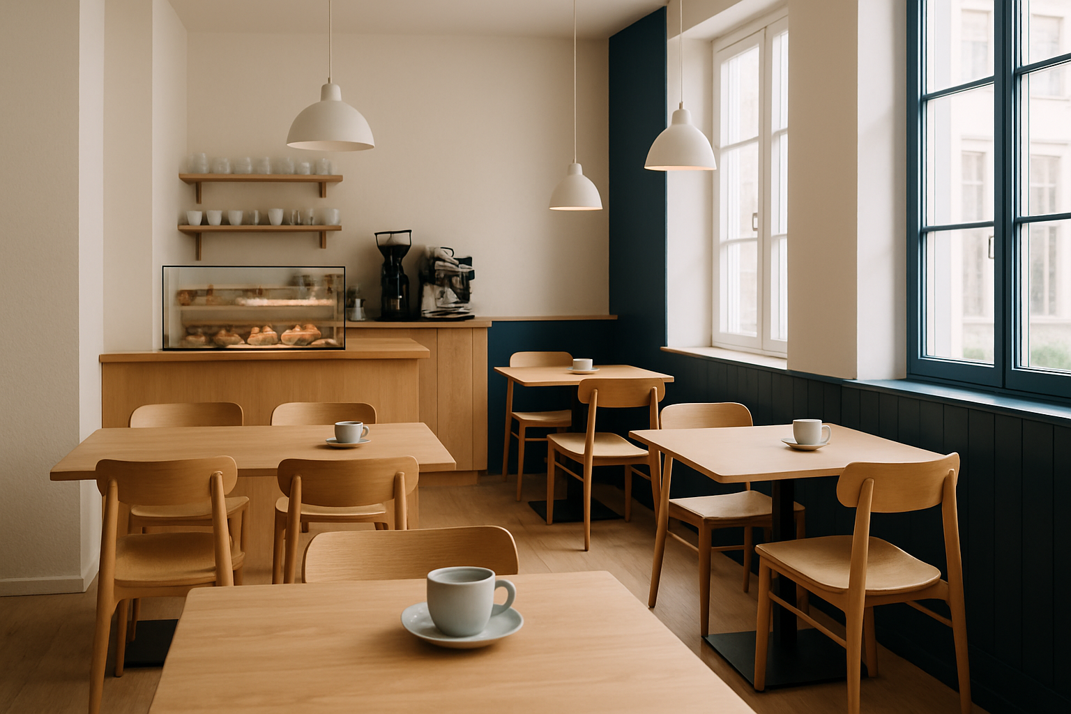 Cozy Scandinavian cafe interior with light wood furniture, soft daylight, and coffee cups on a clean table