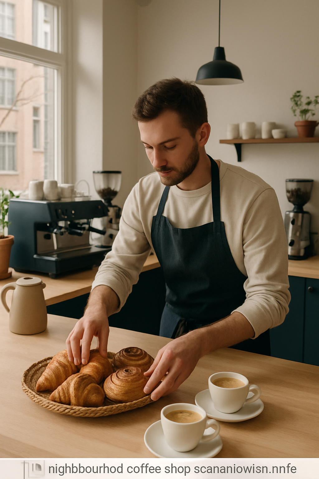 Barista preparing fresh pastries and coffee in a bright, cozy Scandinavian-style cafe interior with light wood details