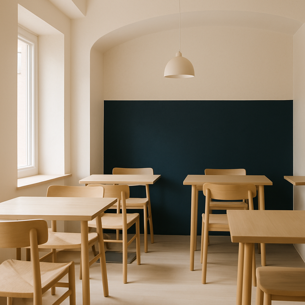 Calm cafe interior with simple Scandinavian seating and soft daylight