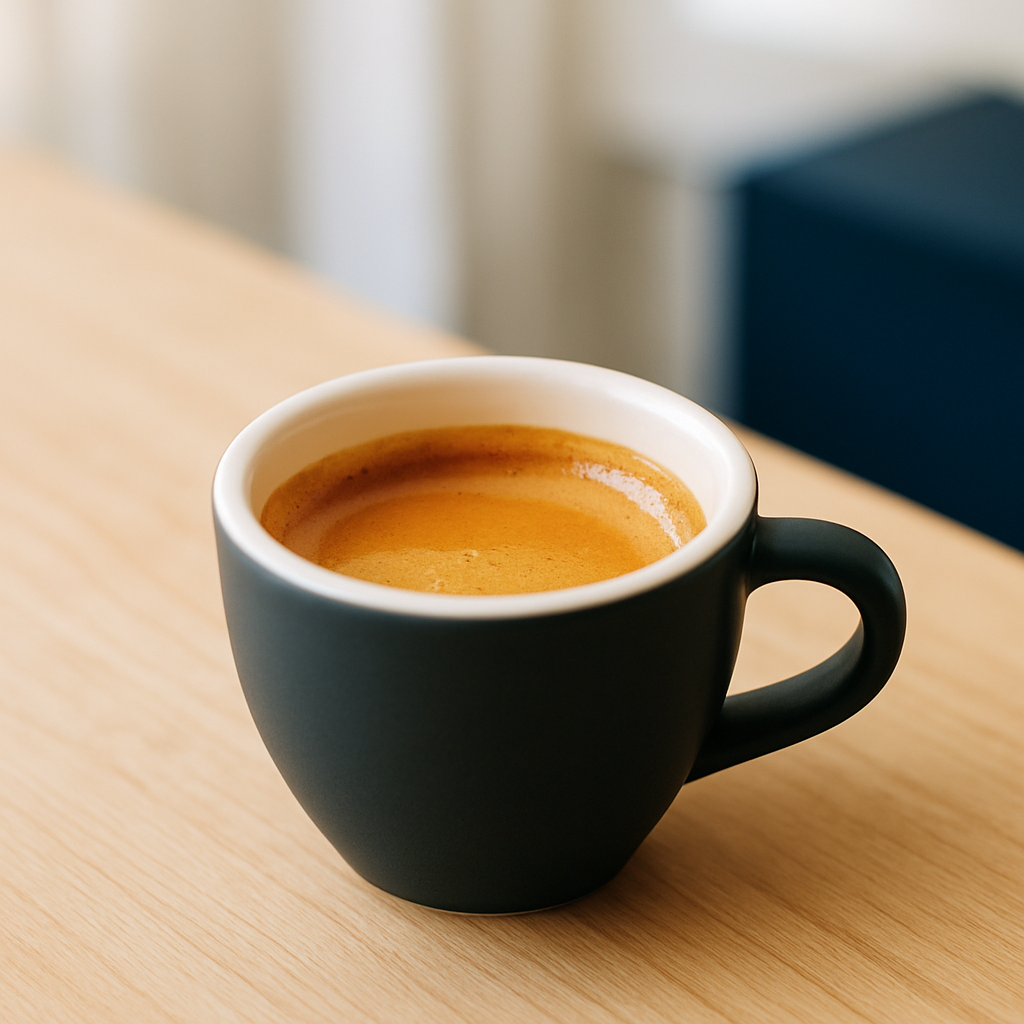 Fresh espresso shot with rich crema in a small ceramic cup