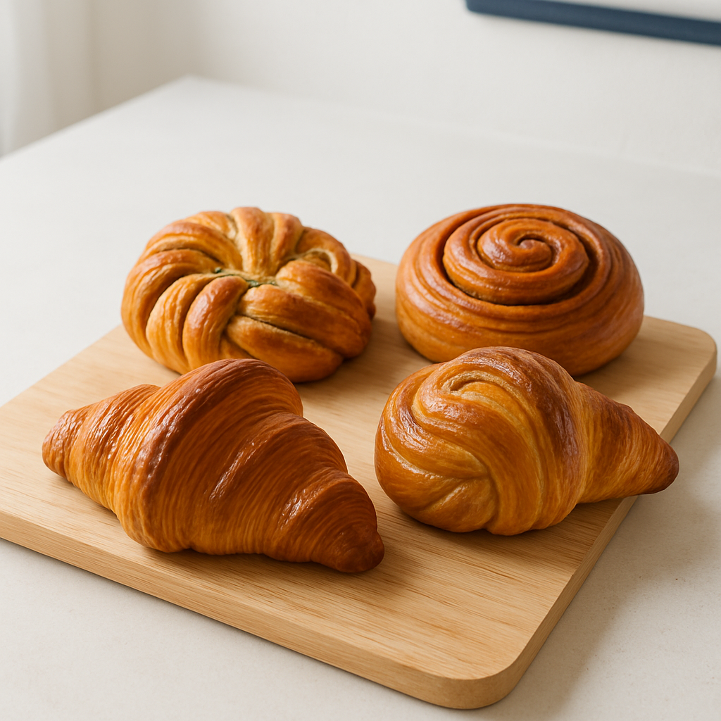 Assorted flaky pastries arranged on a light wood counter