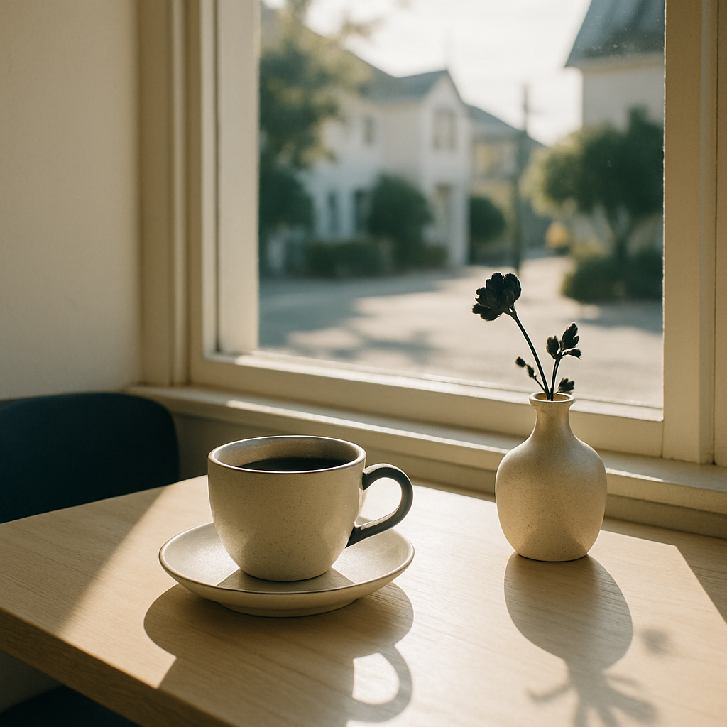 Morning coffee by a sunlit window with gentle neighborhood atmosphere