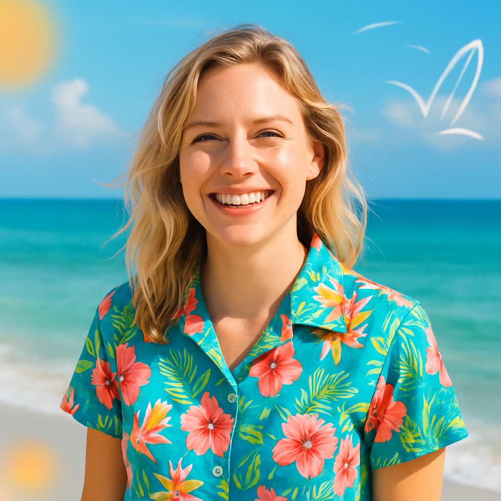 Smiling blonde woman in a tropical shirt, standing by the ocean