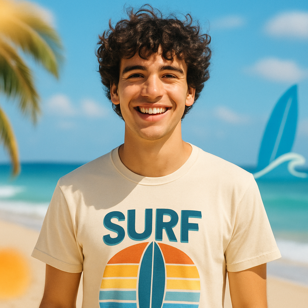 Young man with curly hair wearing a surf t-shirt, smiling