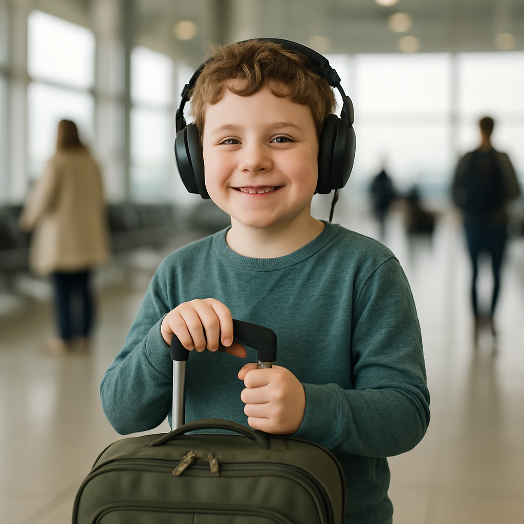 Young boy wearing headphones at airport, smiling with suitcase