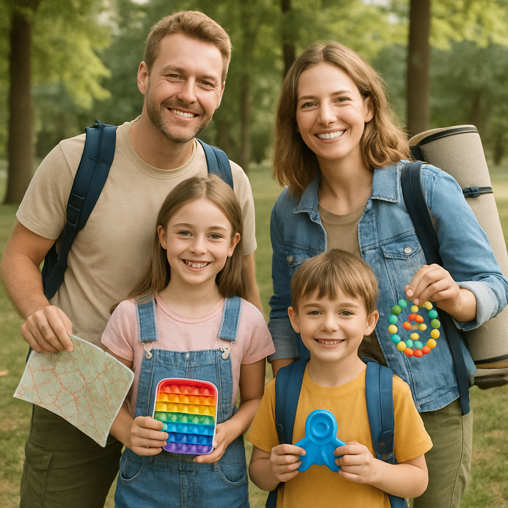 A smiling family in a park, holding travel gear and sensory tools