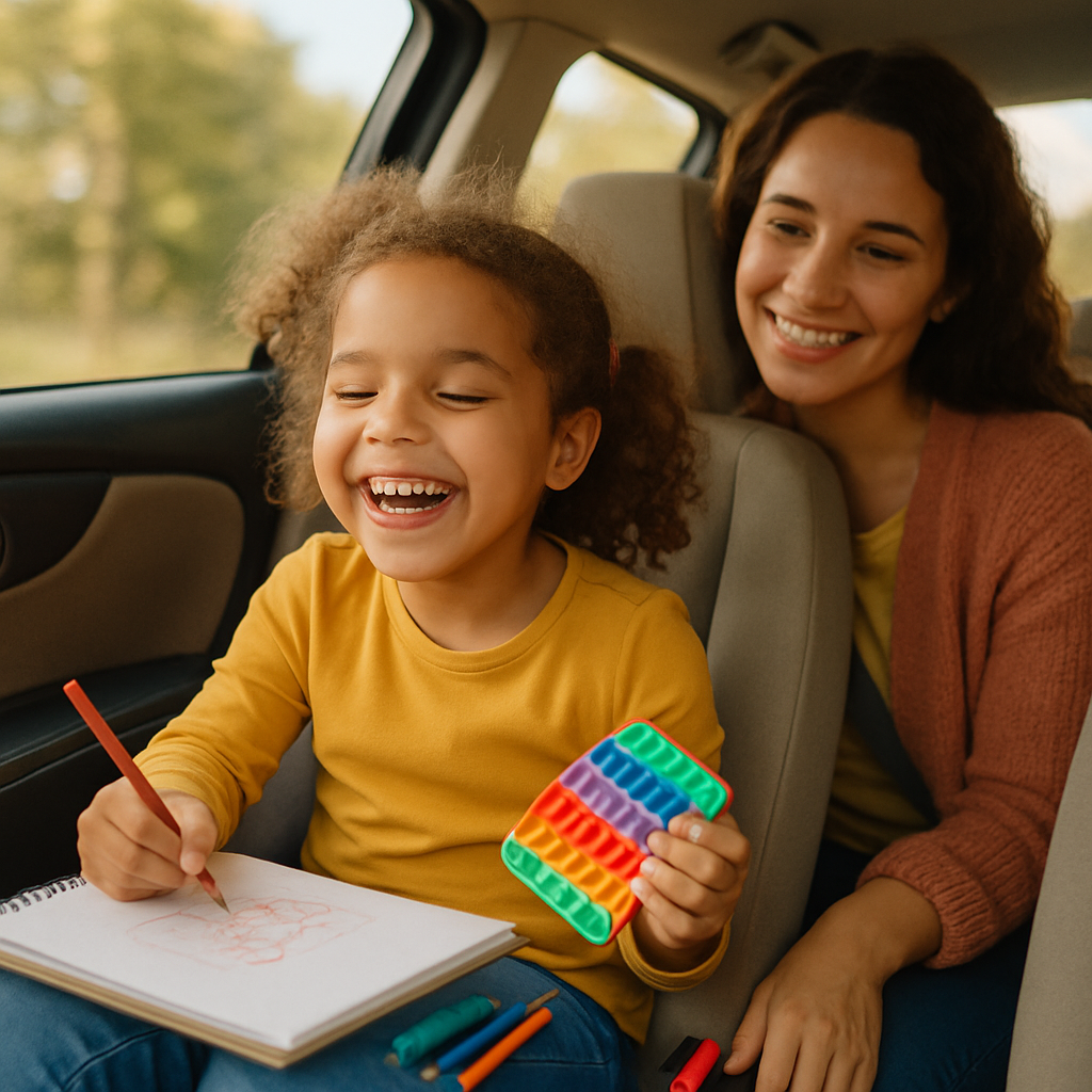 Mother and daughter on a road trip, daughter coloring happily in the back seat
