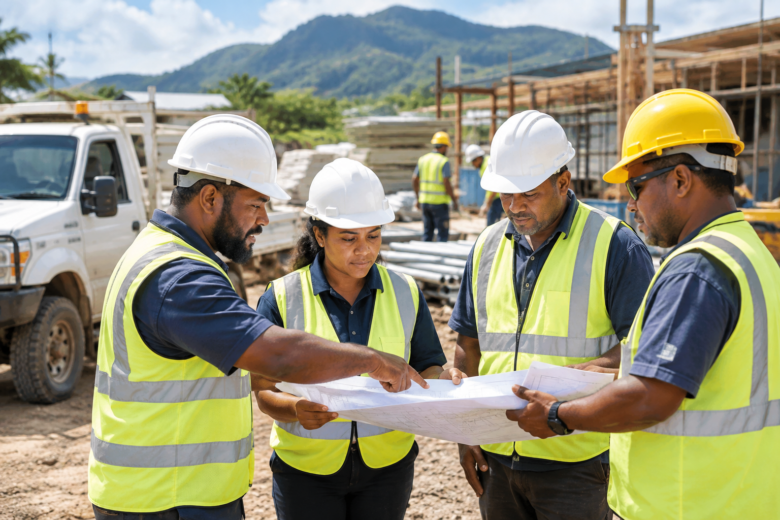 Project coordinators and field workers reviewing plans on an active Papua New Guinea service site with safety gear and utility vehicles nearby