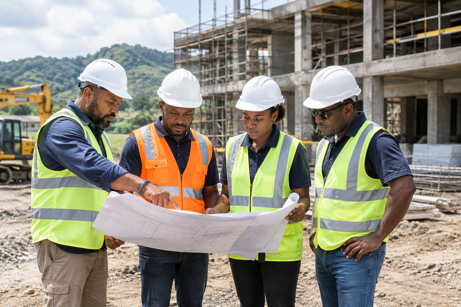 Papua New Guinea construction team reviewing plans near an active building site with safety gear and equipment