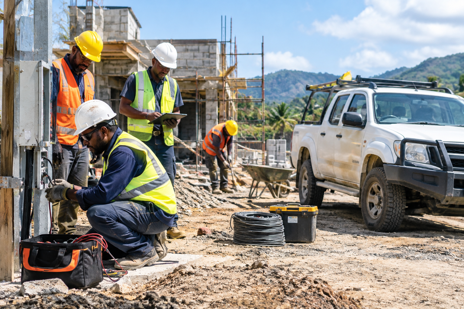 Professional field team at an active infrastructure service site in Papua New Guinea with workers in safety gear, utility truck, and construction equipment during daytime operations
