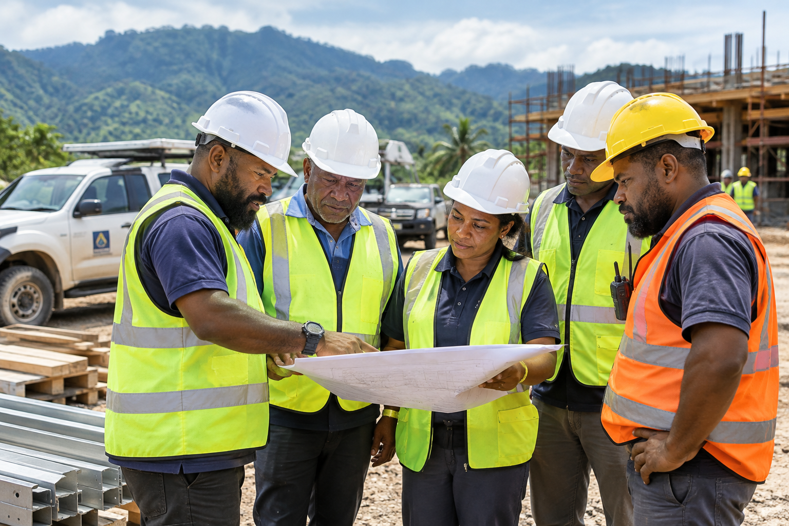 Leadership team and field staff in safety gear reviewing plans at an active project site in Papua New Guinea