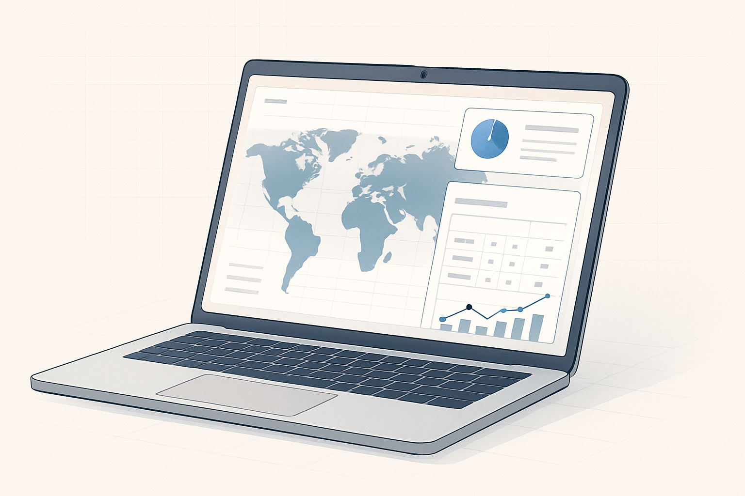 Modern dashboard illustration showing a world map, tariff tables, and customs duty charts on a sleek laptop