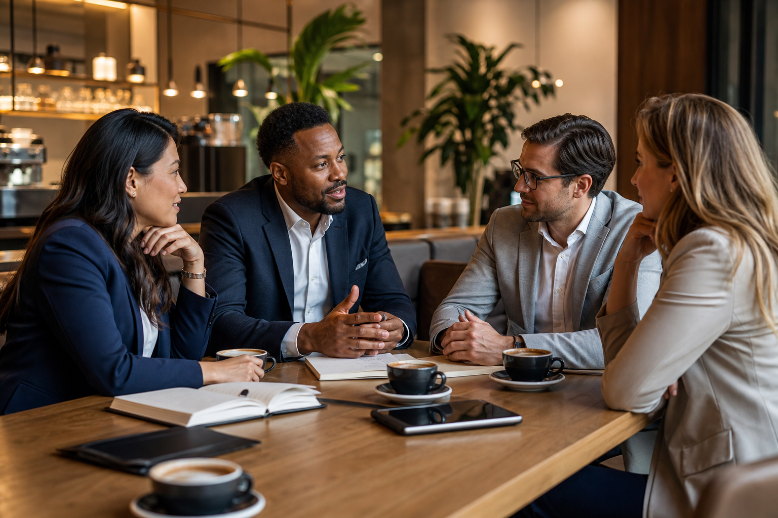Founders and CEOs in a refined coffee-lounge strategy conversation