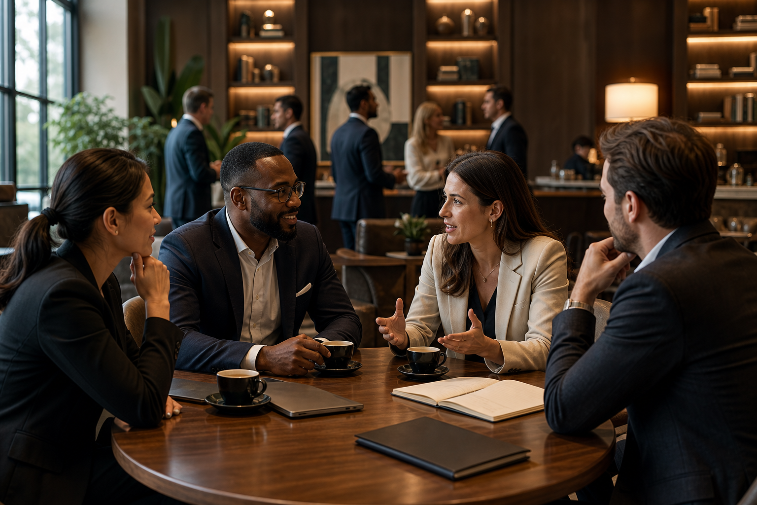 Diverse founders and CEOs in a polished private business club lounge during a strategic coffee meetup