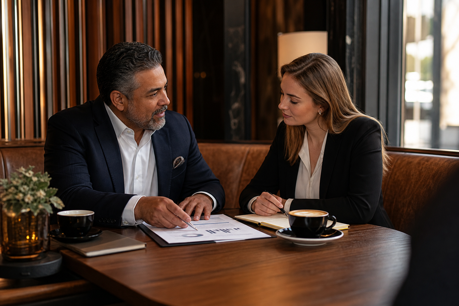 Two executives in a refined coffeehouse discussing a growth opportunity with documents on the table