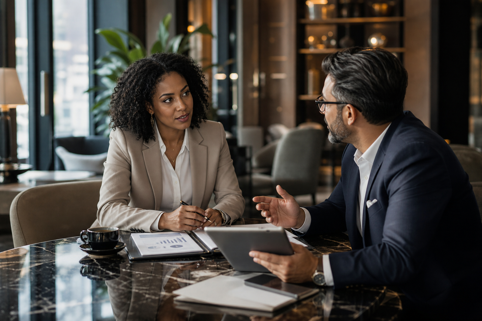 Professional executives having a focused coffee meeting in a refined business environment